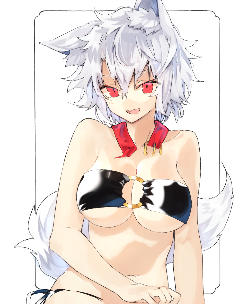 1girl animal_ears bare_arms bare_shoulders bei_mochi bikini black_bikini breasts cleavage hair_between_eyes half-closed_eyes highres inubashiri_momiji large_breasts looking_at_viewer o-ring o-ring_bikini o-ring_top red_eyes short_hair side-tie_bikini smile solo swimsuit touhou under_boob white_background wolf_ears