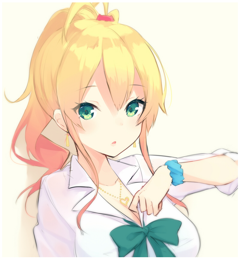 1girl bangs blonde_hair brown_hair collared_shirt dress_shirt earrings eyebrows_visible_through_hair gradient_hair green_eyes hajimete_no_gal heart heart_necklace jewelry long_hair looking_at_viewer mimura_zaja multicolored_hair parted_lips ponytail school_uniform scrunchie shirt sidelocks solo upper_body wavy_hair white_shirt wrist_scrunchie yame_yukana