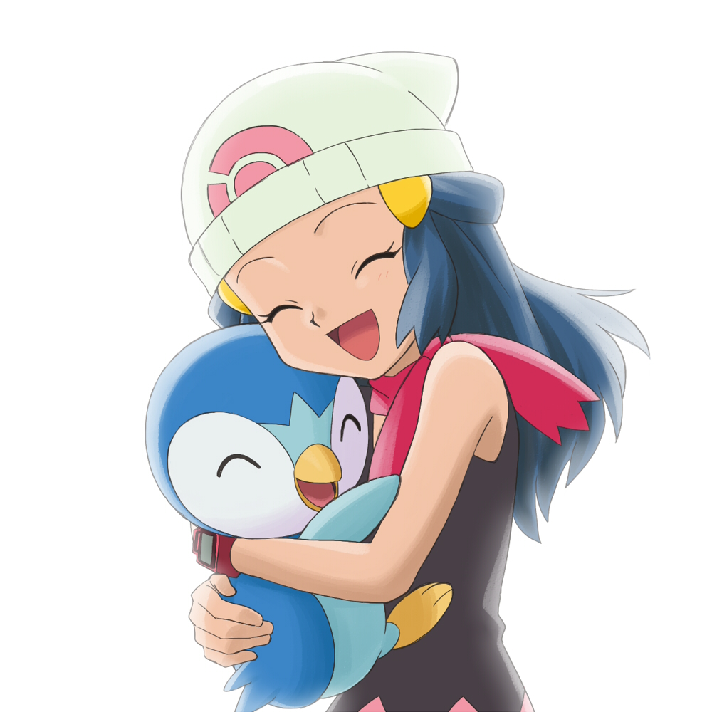 1girl black_shirt blue_hair closed_eyes hat hikari_(pokemon) hug long_hair open_mouth piplup pokemon pokemon_(anime) red_scarf scarf shirt simple_background smile solo standing upper_body white_background white_hat