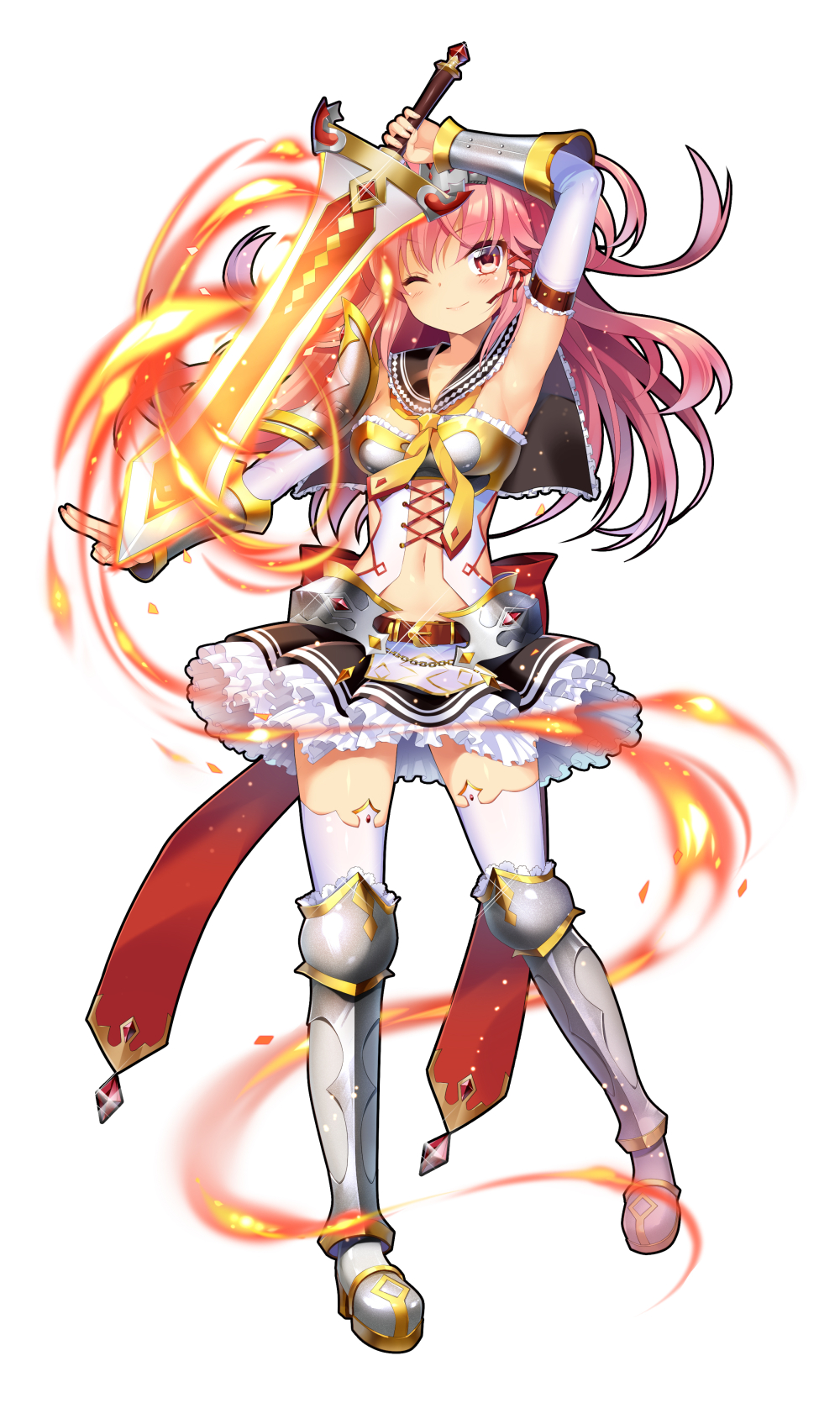 1girl ;) arm_up armor armored_boots armpits ascot belt boots breasts capelet chains character_request copyright_request detached_collar detached_sleeves fire flaming_sword frilled_skirt frills full_body glint heart heart-shaped_pupils highres long_hair medium_breasts mvv navel one_eye_closed petticoat pink_hair red_eyes simple_background skirt smile solo sword symbol-shaped_pupils thigh-highs vambraces weapon white_background white_legwear zettai_ryouiki