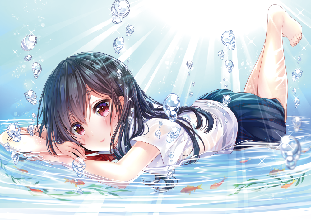 1girl air_bubble barefoot black_hair blue_background blue_skirt blush bubble feet fish floating glint goldfish hands_together leg_lift light_smile long_hair looking_at_viewer lying moyon neckerchief on_stomach original partially_submerged red_eyes red_neckerchief school_uniform serafuku short_sleeves skirt solo sunburst toes water