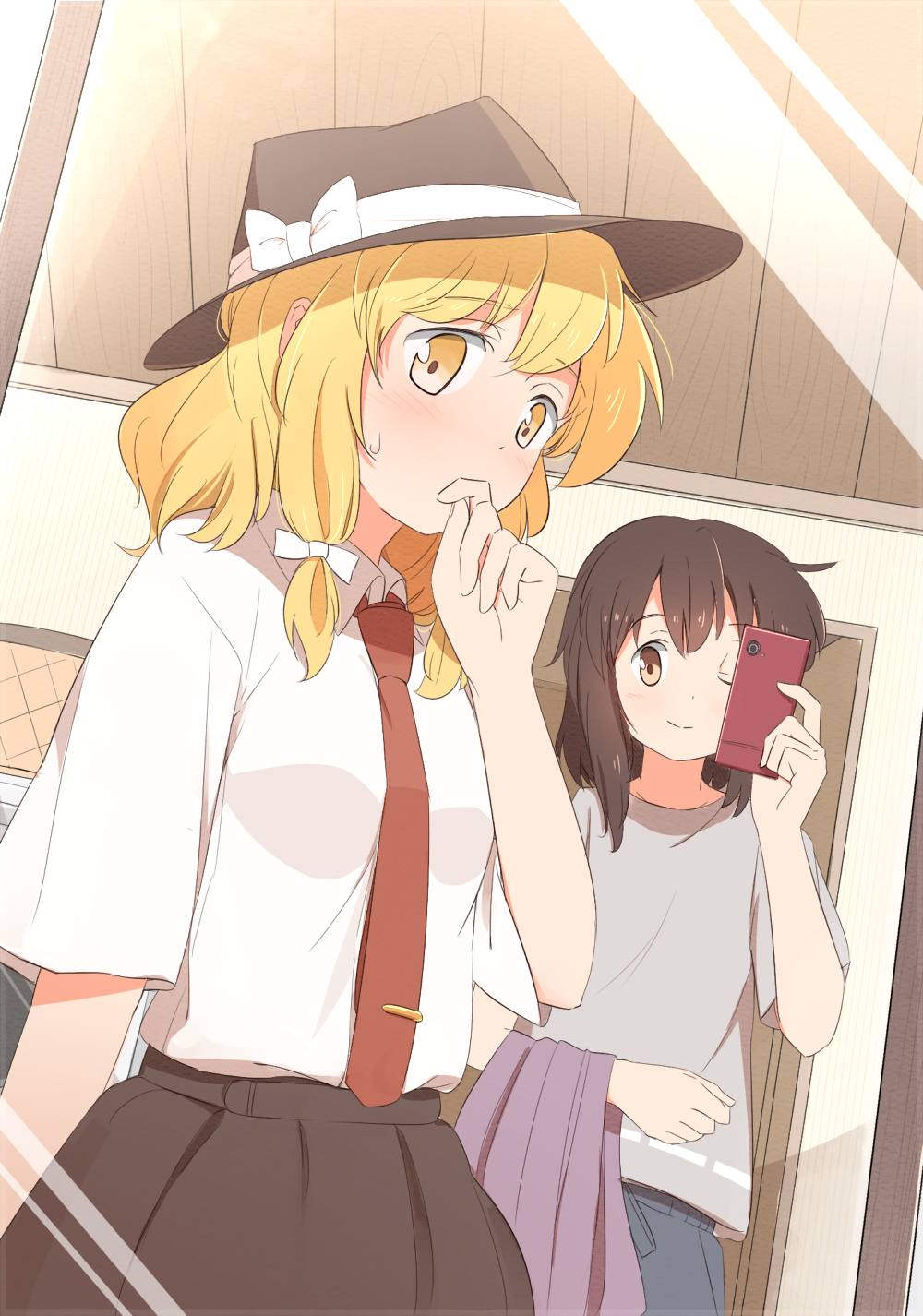 2girls ;) bangs black_hat blonde_hair blush bow brown_eyes brown_hair brown_skirt cellphone closed_mouth collared_shirt commentary_request cosplay eyebrows_visible_through_hair finger_to_mouth grey_shirt hair_bow hand_up hat hat_bow highres holding holding_phone indoors looking_at_viewer maribel_hearn mirror multiple_girls necktie one_eye_closed phone red_necktie reflection shirt short_hair short_sleeves sidelocks skirt smartphone smile sweat touhou unagi_sango usami_renko usami_renko_(cosplay) white_bow white_shirt yellow_eyes