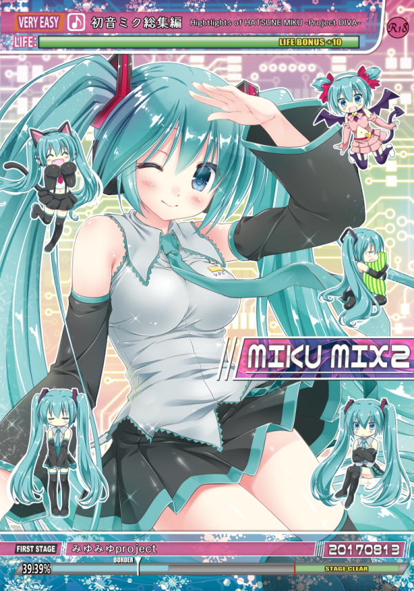 2017 6+girls animal_ears aqua_eyes aqua_hair cat_ears cat_tail chibi closed_eyes dated detached_sleeves double_bun elbow_gloves gloves hatsune_miku headphones health_bar heart_hunter_(module) kanna_satsuki long_hair multiple_girls necktie one_eye_closed open_mouth project_diva_(series) sitting skirt smile tail thigh-highs twintails very_long_hair vocaloid wings