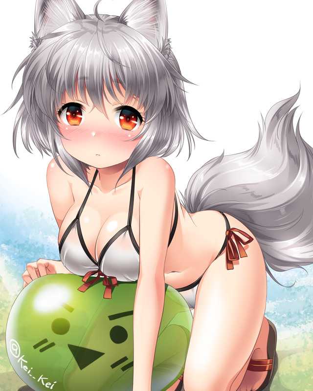 1girl animal_ears ball bangs bare_arms beachball bikini blush breasts cleavage collarbone halter_top halterneck inubashiri_momiji kei_kei kneeling looking_at_viewer medium_breasts navel red_eyes sandals side-tie_bikini silver_hair solo swimsuit tail tareme touhou twitter_username white_background white_bikini wolf_ears wolf_tail