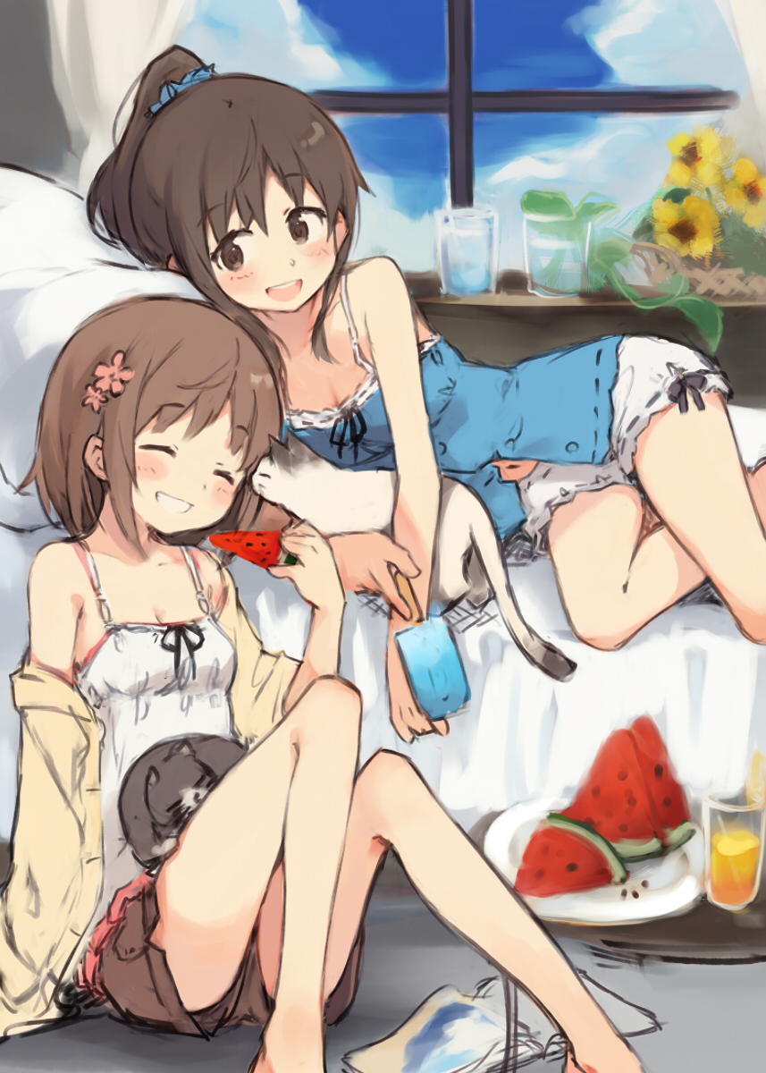 2girls :d ^_^ animal animal_hug bedside blue_scrunchie breasts brown_hair camisole cat cat_on_lap cleavage closed_eyes cup drinking_glass flower food fruit hair_flower hair_ornament hair_scrunchie highres kyuri lying multiple_girls navel on_bed on_side open_mouth original plate ponytail popsicle ribbon-trimmed_shorts ribbon_trim scrunchie shorts sketch small_breasts smile watermelon window