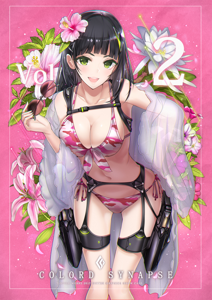1girl 2017 :d bangs bare_shoulders bikini black_hair blunt_bangs breasts cleavage collarbone commentary_request copyright_name cowboy_shot dated eyelashes fingernails flower front-tie_bikini front-tie_top green_eyes gun hair_flower hair_ornament hand_on_hip handgun harness hibiscus holding holding_sunglasses holster large_breasts leaf leaning_forward legs_together long_fingernails long_hair long_sleeves looking_at_viewer midriff navel number off_shoulder open_clothes open_mouth original pink_flower pink_lips print_bikini see-through sheath sheathed side-tie_bikini smile solo standing sunglasses swimsuit t-track thigh_holster thigh_strap upper_teeth weapon wide_sleeves