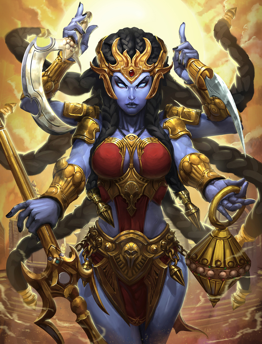 1girl black_hair blue_eyes blue_skin braid brolo center_opening clouds cloudy_sky covered_navel dagger extra_arms gem kali_(smite) long_hair nail_polish polearm sickle sky smite spear sun upper_body weapon