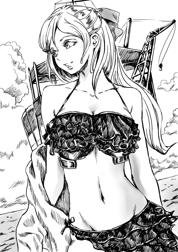 10s 1girl bikini bow crane dutch_angle frilled_bikini frills graphite_(medium) greyscale hair_bow jitsu_shizu kantai_collection long_hair mamiya_(kantai_collection) monochrome navel ocean smile solo swimsuit traditional_media