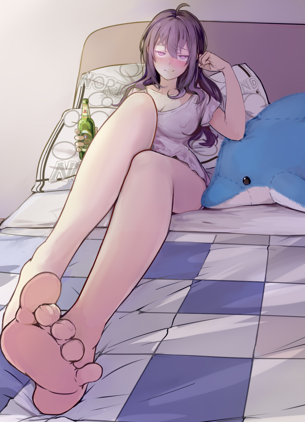 1girl ahoge barefoot bed beer_bottle beifeng_han blush breasts cleavage erect_nipples feet foreshortening highres large_breasts long_hair looking_at_viewer miyaura_sanshio original pillow sitting smile soles solo stuffed_animal stuffed_dolphin stuffed_toy toes