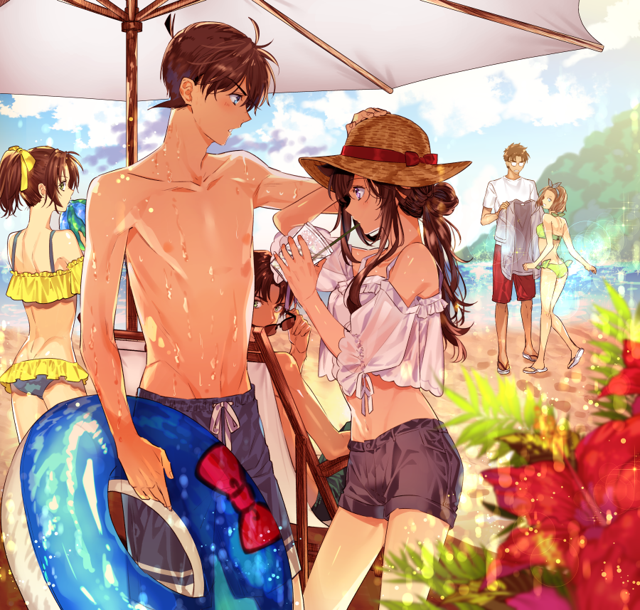 3boys 3girls alternate_hairstyle beach bikini black_shorts blue_shorts bow brown_hair day drinking flower glasses green_bikini grey_shirt hair_bow hat hat_bow hattori_heiji innertube kudou_shin'ichi kyougoku_makoto long_hair meitantei_conan mouri_ran multiple_boys multiple_girls ponytail red_bow red_shorts ro-a sandals shirt shorts summer sun_hat sunglasses sunglasses_removed suzuki_sonoko swimsuit tooyama_kazuha umbrella wet yellow_bow yellow_shirt