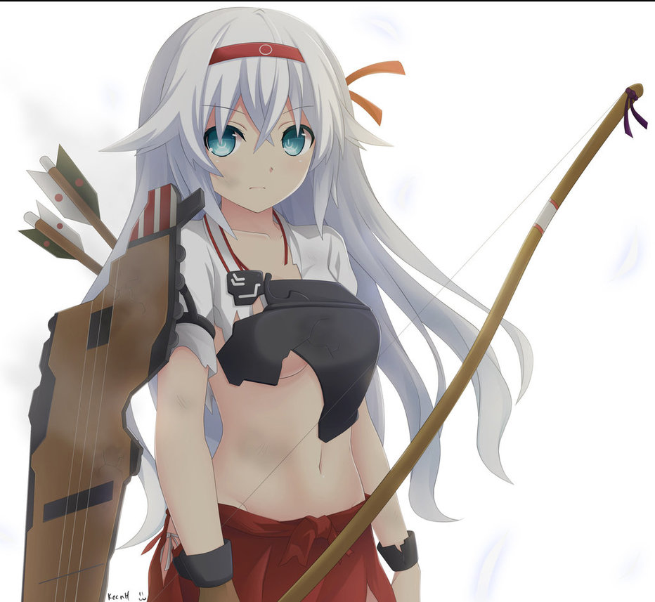1girl alternate_costume black_heart blue_eyes bow_(weapon) breasts choujigen_game_neptune cosplay female hakama_skirt japanese_clothes keenh long_hair looking_at_viewer navel neptune_(series) noire power_symbol shoukaku_(kantai_collection) shoukaku_(kantai_collection)_(cosplay) solo symbol-shaped_pupils torn_clothes weapon white_hair