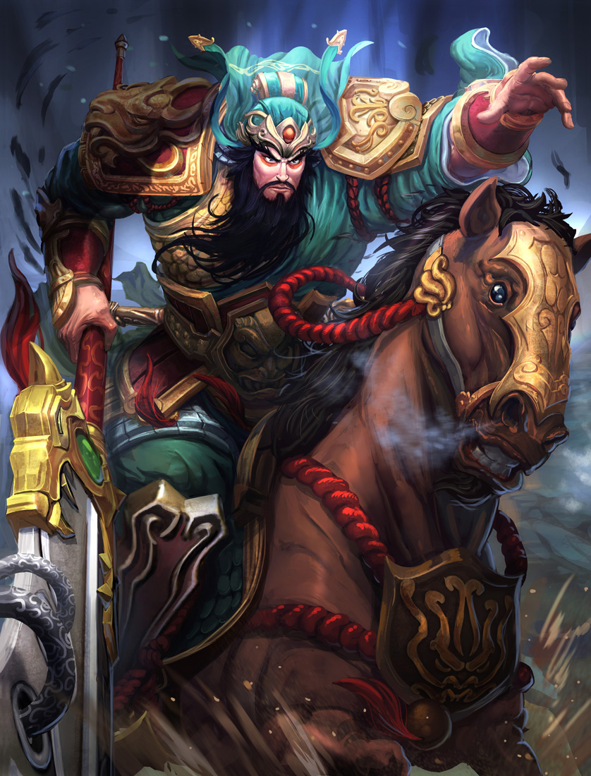 1boy armor beard black_hair blue_eyes brolo facial_hair guan_dao guan_yu_(smite) hat horse horseback_riding makeup male_focus official_art riding smite solo teeth