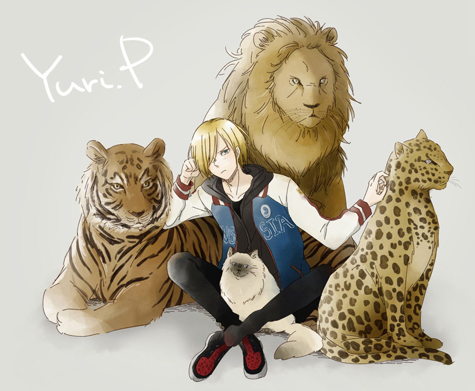 1boy animal_print blonde_hair cat character_name green_eyes hair_over_one_eye indian_style jacket leopard leopard_print lion male_focus mamemomota puma_tiger_scorpion sitting tiger track_jacket yuri!!!_on_ice yuri_plisetsky