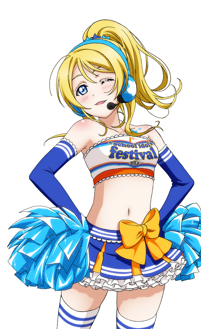 1girl artist_request ayase_eli bare_shoulders blonde_hair blue_eyes blush bow breasts character_name cheerleader collarbone elbow_gloves frills gloves hands_on_hips headset long_hair looking_at_viewer love_live! love_live!_school_idol_festival love_live!_school_idol_festival_after_school_activity love_live!_school_idol_project midriff navel official_art one_eye_closed open_mouth pom_poms ponytail skirt smile solo star star_tattoo strapless striped takaramonozu tattoo thigh-highs transparent_background zettai_ryouiki