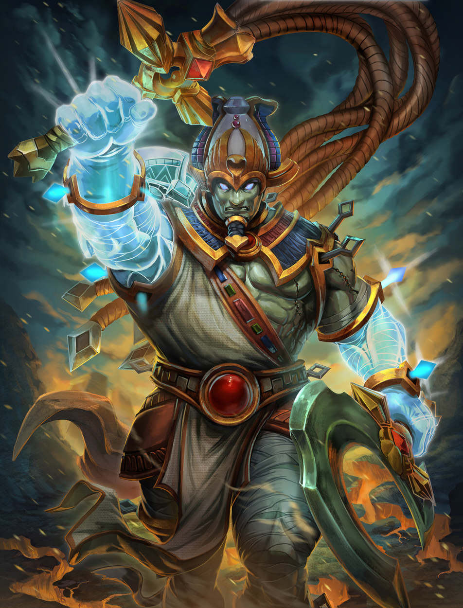 1boy abs bandage beard black_hair brolo egyptian_clothes egyptian_hat facial_hair glowing glowing_eyes green_skin highres male_focus osiris_(smite) rock scar sickle smite solo teeth violet_eyes whip