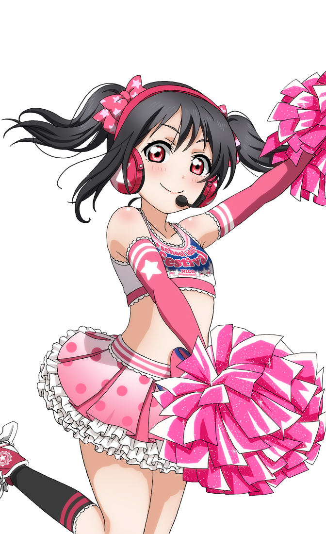 1girl arm_up artist_request bangs bare_shoulders black_hair blush bow character_name cheerleader clothes_writing collarbone copyright_name elbow_gloves flat_chest frills gloves headset jumping kneehighs long_hair looking_at_viewer love_live! love_live!_school_idol_festival love_live!_school_idol_festival_after_school_activity love_live!_school_idol_project midriff official_art pom_poms red_eyes skirt smile solo twintails yazawa_nico