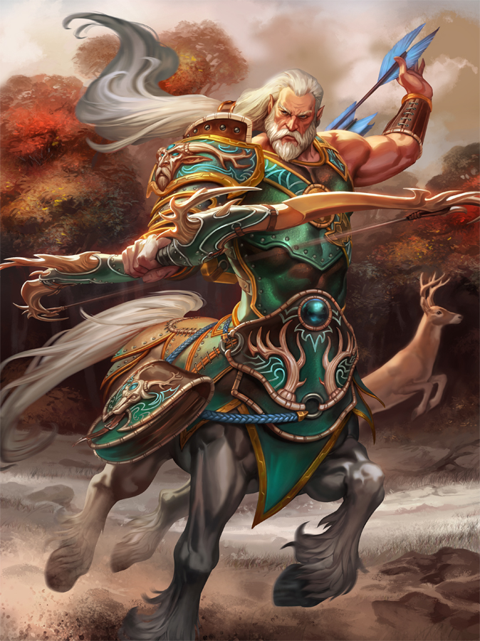 1boy abs armor arrow beard blue_eyes bow_(weapon) centaur chiron_(smite) clouds cloudy_sky deer facial_hair leaf long_hair low_ponytail male_focus official_art pointy_ears simon_eckert sky smite solo tree weapon white_hair