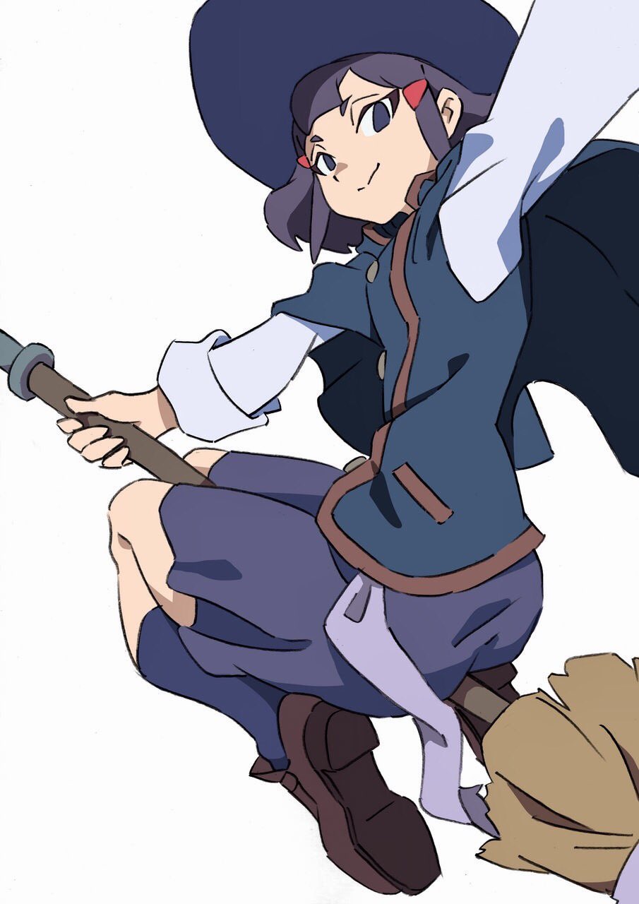 1girl arai_hiroki arm_up avery_(little_witch_academia) broom broom_riding capelet commentary hair_ornament hairclip hat highres little_witch_academia looking_at_viewer purple_hair school_uniform smile solid_oval_eyes solo white_background witch witch_hat