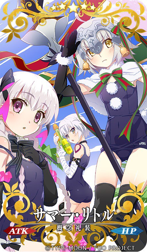 3girls ahoge ass assassin_of_black black_gloves blonde_hair braid breasts capelet elbow_gloves fate/apocrypha fate/extra fate/grand_order fate_(series) gloves hair_ribbon hat headpiece jeanne_alter jeanne_alter_(santa_lily)_(fate) long_hair looking_at_viewer multiple_girls nursery_rhyme_(fate/extra) one-piece_swimsuit open_mouth ribbon ruler_(fate/apocrypha) short_hair small_breasts smile swimsuit thigh-highs twin_braids violet_eyes watanabe_akio white_hair yellow_eyes younger