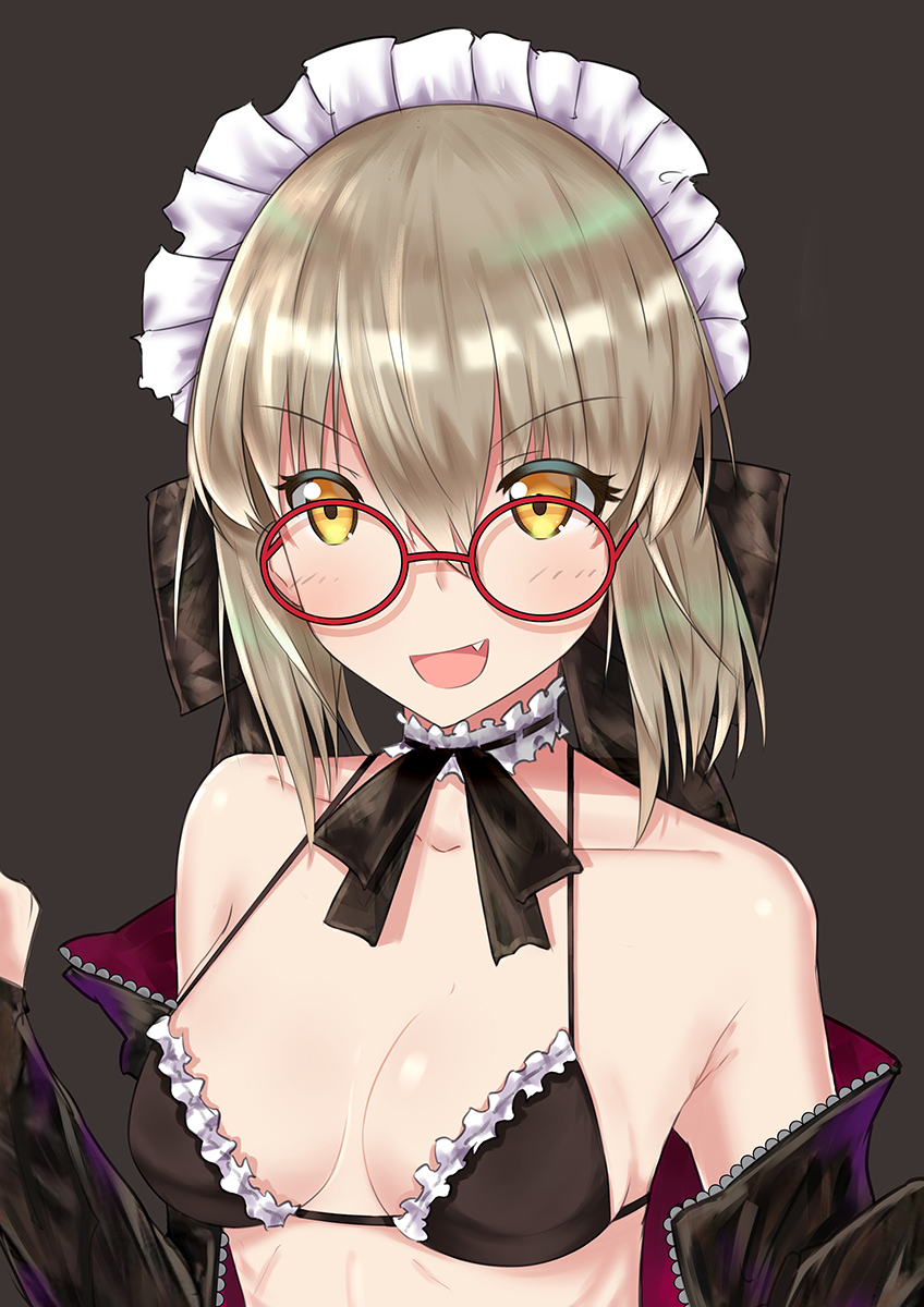 &gt;:d 1girl :d artoria_pendragon_(all) artoria_pendragon_(swimsuit_rider_alter)_(fate) bangs bare_shoulders bespectacled bikini bikini_under_clothes black_bikini_top black_bow black_jacket black_ribbon blush bow bowtie breasts breasts_apart brown_background brown_hair choker collarbone commentary eyebrows_visible_through_hair fang fate/grand_order fate_(series) frilled_bikini frilled_choker frills glasses hair_between_eyes hair_bow hands_up highres jacket long_sleeves looking_at_viewer maid maid_bikini maid_headdress neck_ribbon off_shoulder open_clothes open_jacket open_mouth red-framed_eyewear ribbon round_glasses saber saber_alter short_hair sidelocks simple_background small_breasts smile solo strap_gap swimsuit upper_body white_choker yellow_eyes zhuoji_zhizun