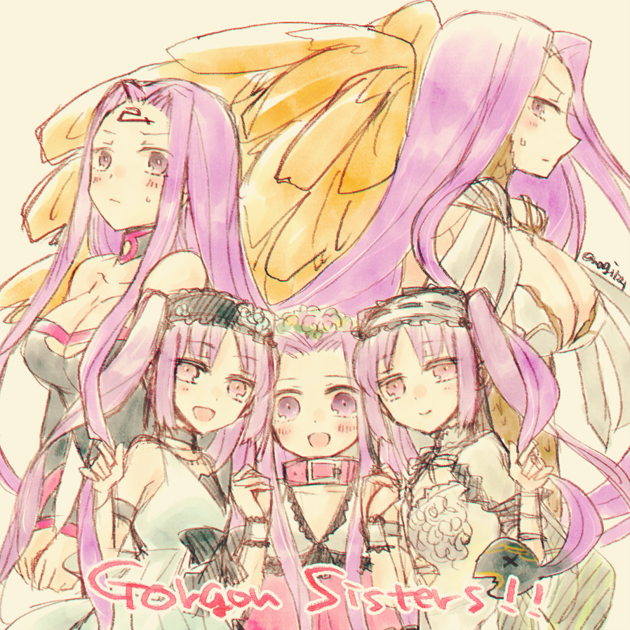 5girls amato_nagi bare_shoulders belt_buckle blush bow breasts buckle choker cleavage cleavage_cutout dress embarrassed euryale eyebrows_visible_through_hair facial_mark fate/grand_order fate/hollow_ataraxia fate/stay_night fate_(series) forehead_mark gorgon_(fate) hairband jewelry lace_trim large_breasts lolita_hairband long_hair looking_at_viewer medusa_(lancer)_(fate) multiple_girls open_mouth purple_hair rider scales siblings side_glance sisters sketch smile snake stheno sweat twins twintails twitter_username very_long_hair violet_eyes white_dress wings x_x