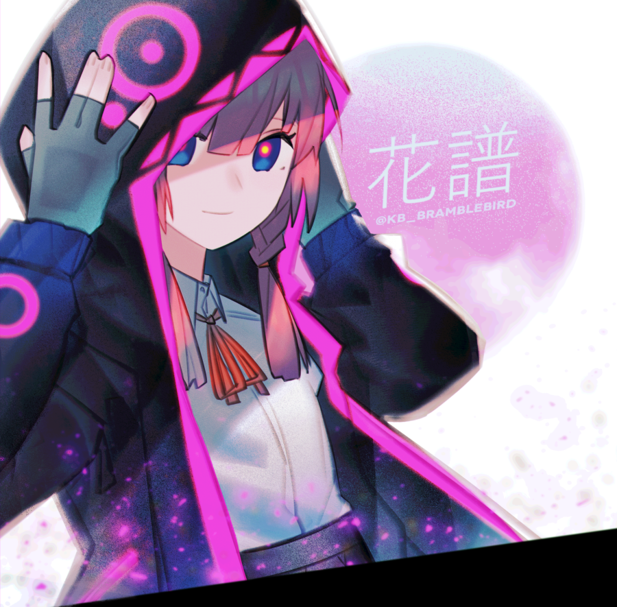 1girl adjusting_hood blue_eyes character_name commentary_request fingerless_gloves gloves hands_on_own_head hood hoodie kaf kky looking_at_viewer neck_ribbon pink_hair ribbon smile solo twitter_username upper_body virtual_kaf virtual_youtuber