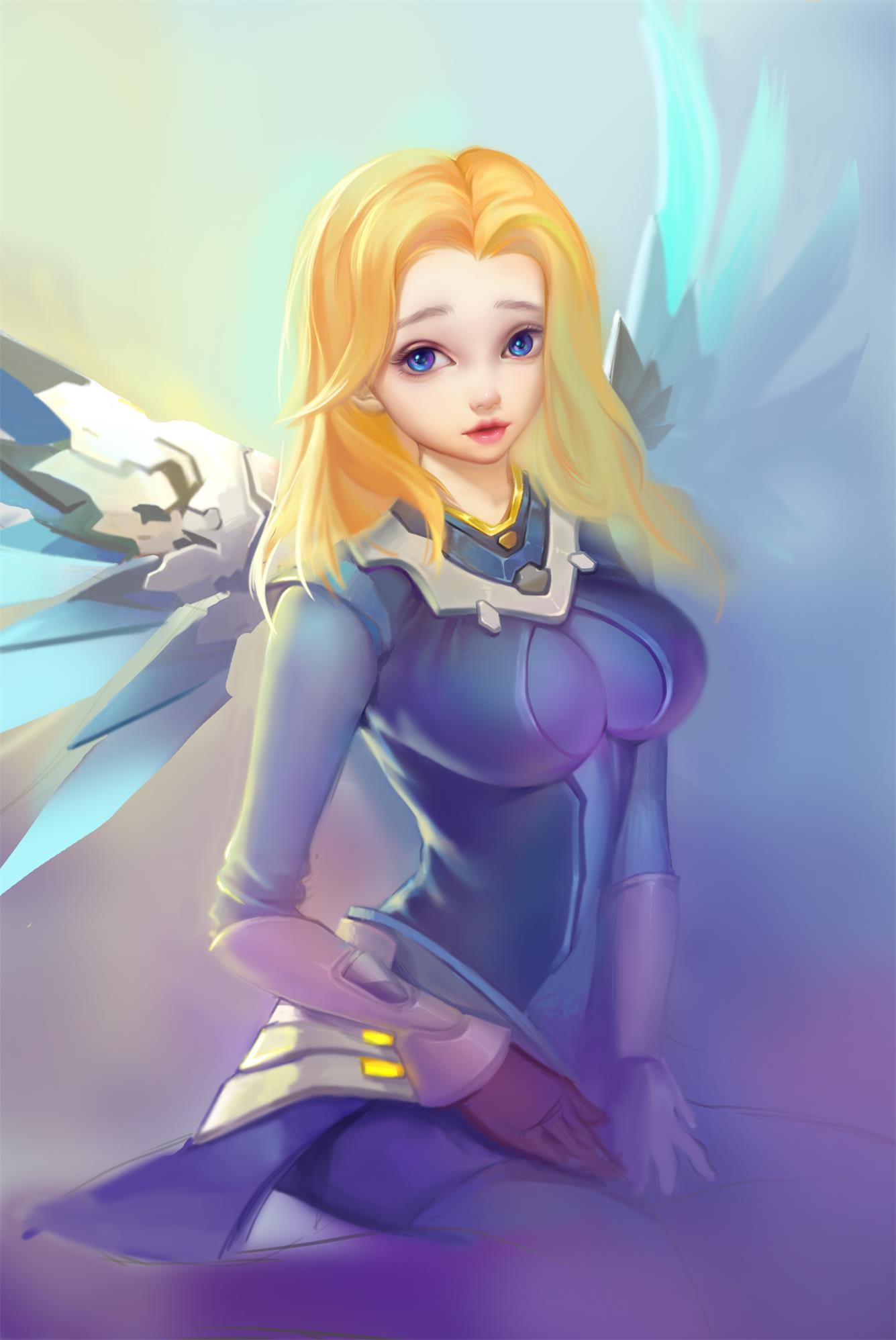 1girl alternate_costume alternate_hairstyle aqua_background backlighting black_gloves blonde_hair blue_bodysuit blue_eyes blue_wings bodysuit breasts combat_medic_ziegler gloves gradient gradient_background hair_down highres long_hair long_sleeves looking_at_viewer mechanical_wings medium_breasts mercy_(overwatch) neon_(zuicongming) no_hat no_headwear nose overwatch parted_lips pink_lips purple_background sitting skin_tight solo wings yellow_background