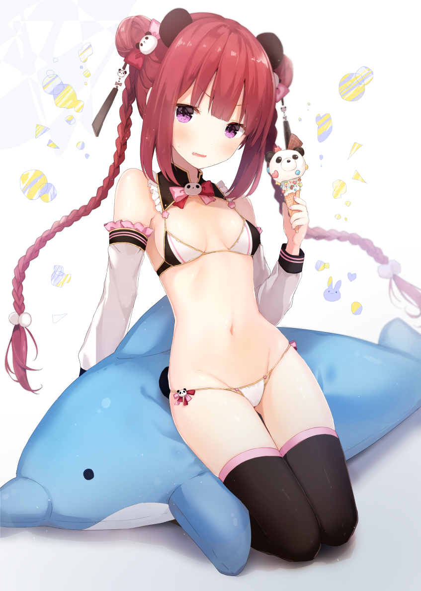 1girl bangs bikini black_legwear blunt_bangs braid breasts cleavage detached_collar detached_sleeves double_bun fang food full_body hair_ornament holding ice_cream inflatable_dolphin inflatable_toy kneeling long_hair looking_at_viewer lowleg lowleg_bikini navel panda_hair_ornament redhead small_breasts solo stomach string_bikini suzumori_uina swimsuit thigh-highs twin_braids violet_eyes white_bikini