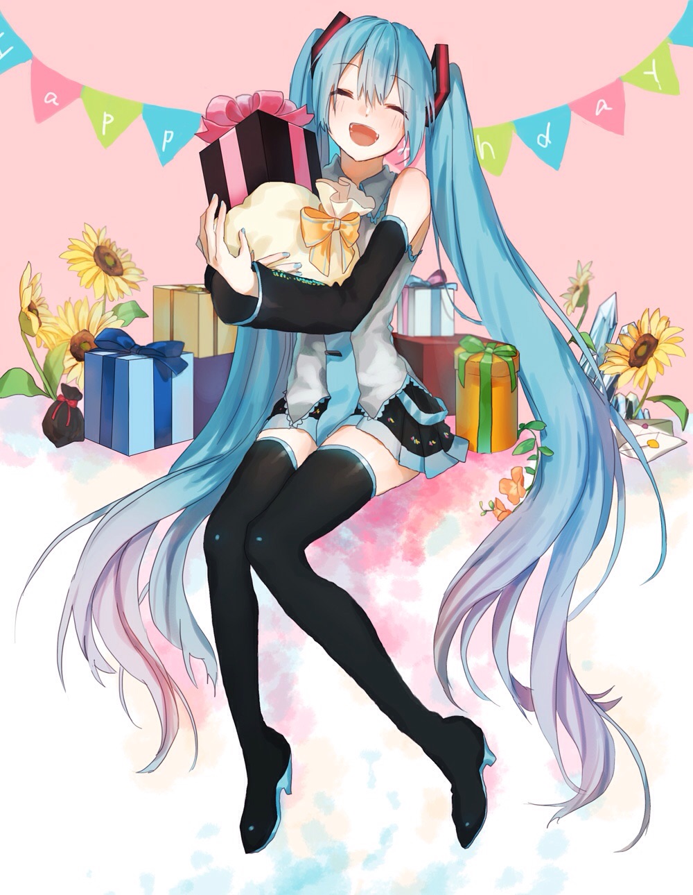 1girl absurdly_long_hair black_boots black_skirt blue_hair blue_nails blue_necktie boots box closed_eyes detached_sleeves eyebrows_visible_through_hair flower fullb_ody gift gift_box grey_shirt hair_between_eyes hair_ornament happy_birthday hatsune_miku high_heel_boots high_heels highres holding letter long_hair miniskirt moegi0926 nail_polish necktie open_mouth pink_background pleated_skirt shirt sitting skirt sleeveless sleeveless_shirt solo sunflower thigh-highs thigh_boots twintails very_long_hair vocaloid yellow_flower