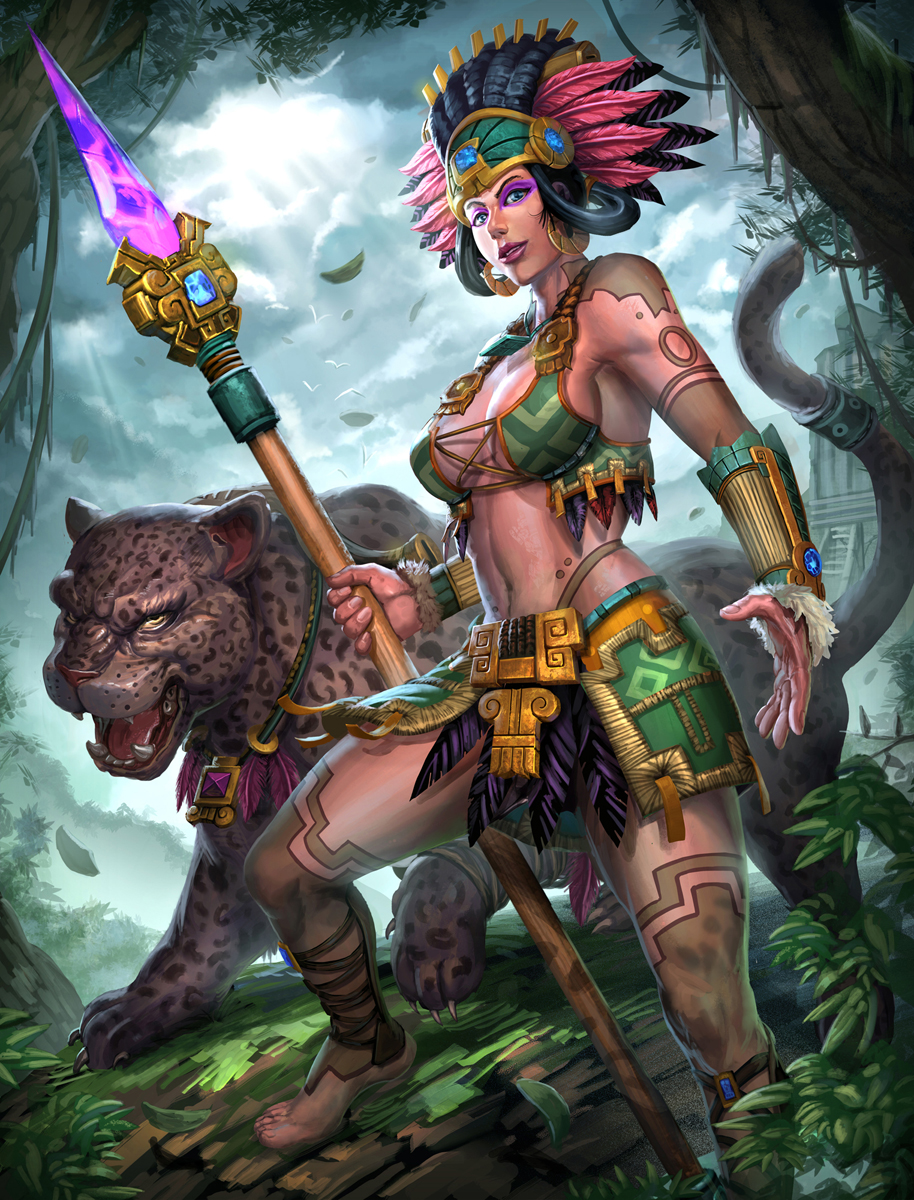 1girl awilix_(smite) bare_shoulders barefoot bird black_hair blue_eyes breasts brolo center_opening cleavage clouds cloudy_sky crown earrings feathers fur_trim hairlocs highres jaguar jaguar_ears jaguar_tail jewelry leaf lipstick makeup midriff navel official_art polearm sky smite solo spear tattoo teeth tree weapon