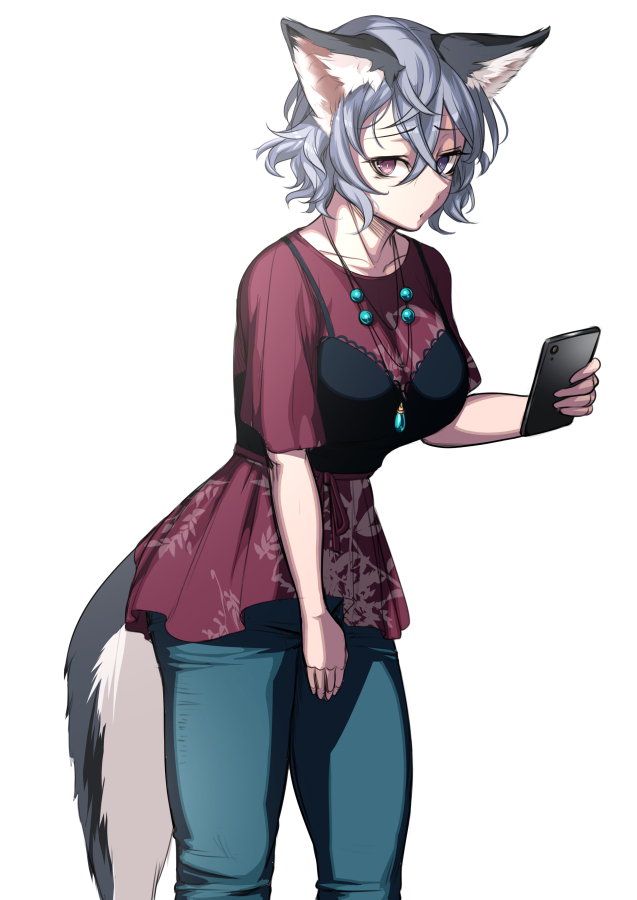 1girl animal_ears breasts cat_ears cat_tail cellphone denim heterochromia jeans jewelry looking_at_viewer necklace original pants phone short_hair silver_hair simple_background smartphone solo tail violet_eyes white_background yana_(nekoarashi)