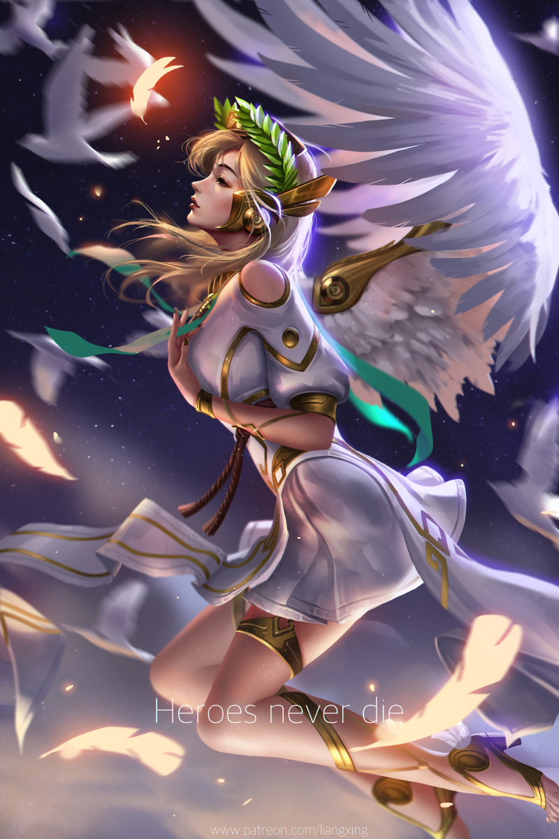 1girl alternate_costume angel_wings bird blonde_hair closed_eyes dove feathered_wings feathers flying highres liang_xing mercy_(overwatch) night night_sky overwatch sky solo tiara winged_victory_mercy wings