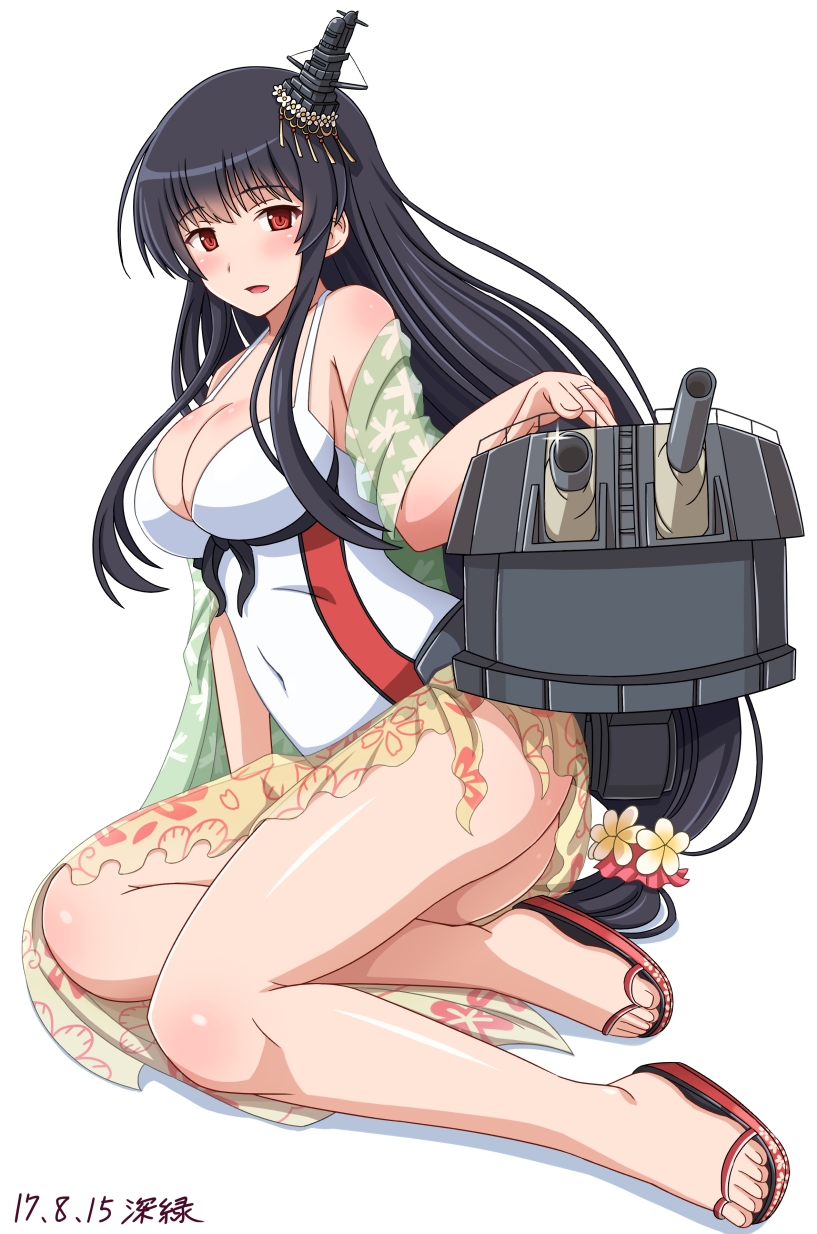 10s 1girl black_hair breasts cannon casual_one-piece_swimsuit cleavage feet fusou_(kantai_collection) headgear highres kantai_collection long_hair looking_at_viewer machinery medium_breasts one-piece_swimsuit red_eyes sandals sarong shin'en_(gyokuro_company) sitting solo swimsuit toes white_swimsuit yokozuwari