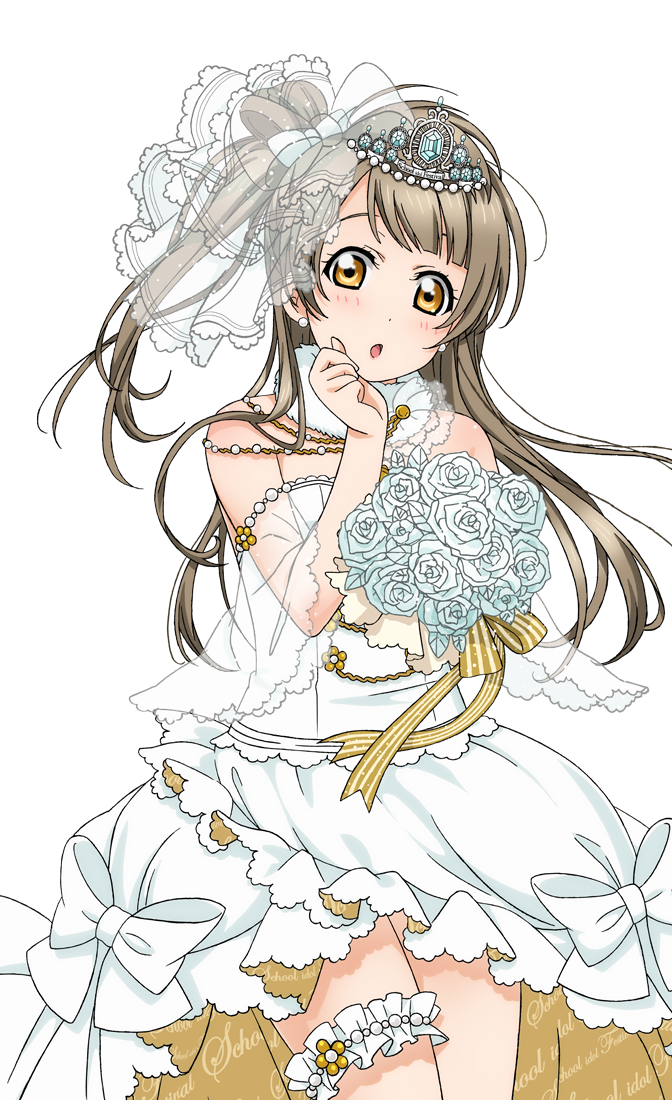 1girl :o artist_request bangs bare_shoulders blush bouquet bow bridal_veil bride brown_hair copyright_name dress earrings flower frills hair_bow jewelry leg_strap long_hair love_live! love_live!_school_idol_festival love_live!_school_idol_festival_after_school_activity love_live!_school_idol_project minami_kotori official_art one_side_up open_mouth rose sleeveless sleeveless_dress solo strapless strapless_dress tiara transparent_background veil wedding_dress white_rose yellow_eyes