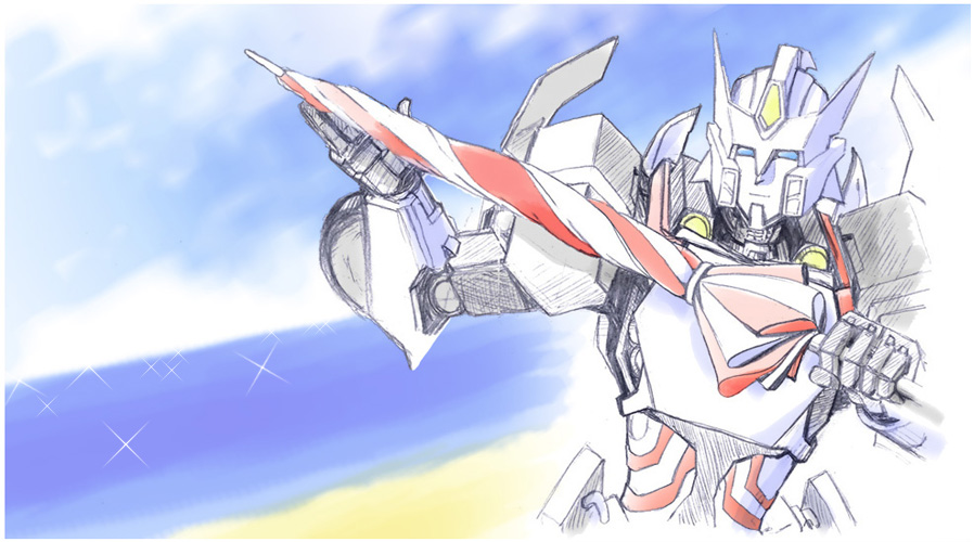 1boy artist_request autobot beach blue_eyes blue_sky closed_umbrella clouds day drift holding holding_umbrella looking_at_viewer machine machinery mecha no_humans ocean outdoors personification robot sand sky smile solo sparkle transformers umbrella water