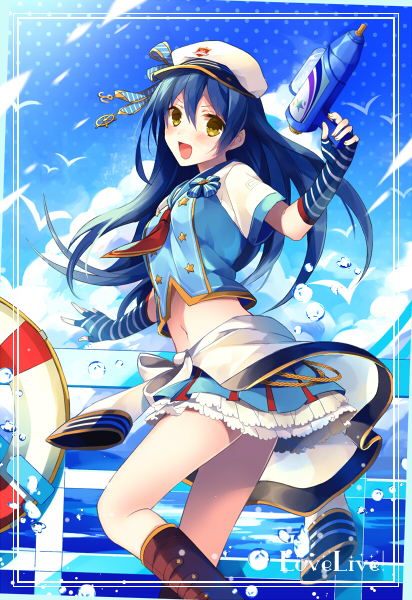 1girl bird blue_hair clothes_around_waist copyright_name day floating_hair green_eyes hair_between_eyes hat layered_skirt long_hair looking_at_viewer love_live! love_live!_school_idol_project midriff navel ocean outdoors pleated_skirt skirt sky solo sonoda_umi stomach very_long_hair white_hat yunohito