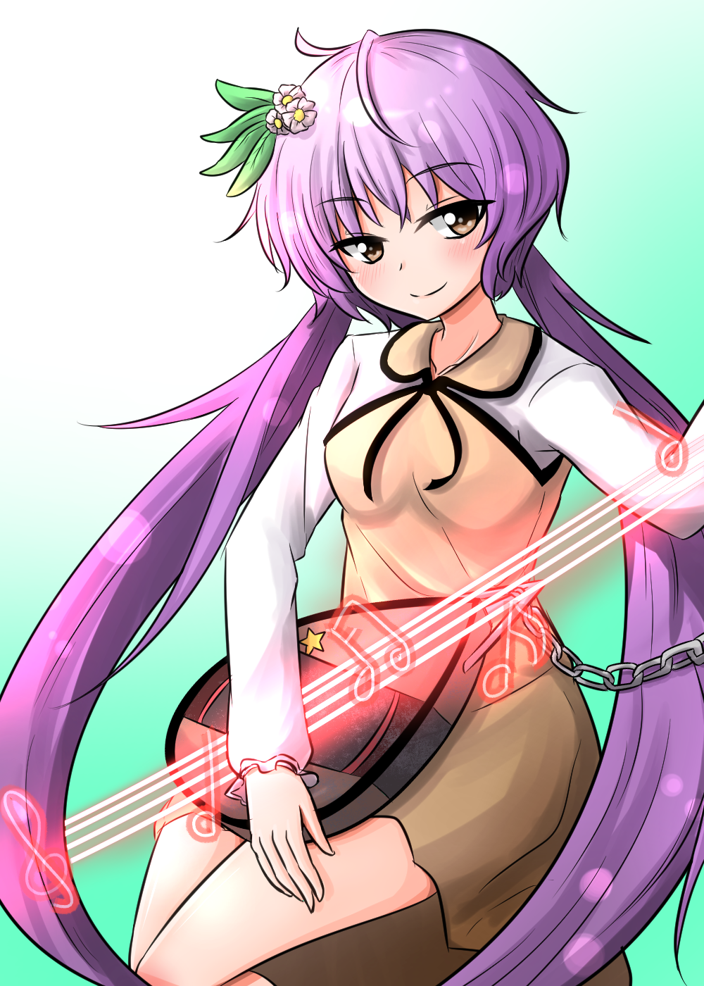1girl biwa_lute blush brown_dress brown_eyes chains cowboy_shot dress flower hair_flower hair_ornament highres instrument long_hair long_sleeves looking_at_viewer low_twintails lute_(instrument) musical_note oshiaki purple_hair short_dress smile solo touhou tsukumo_benben twintails very_long_hair