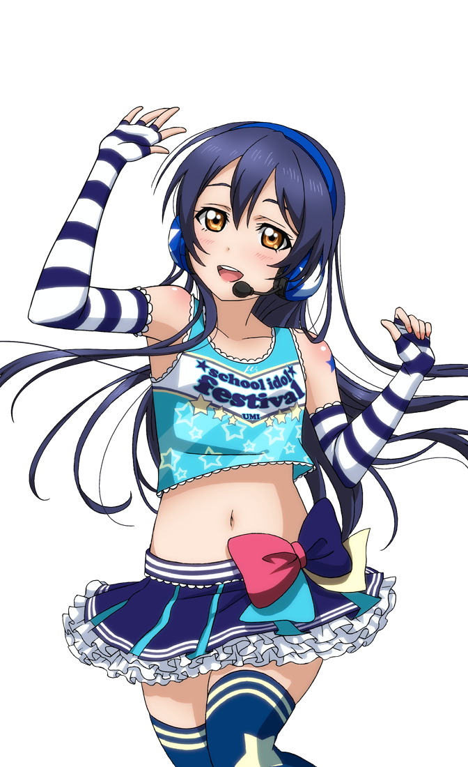 1girl artist_request bangs bare_shoulders blue_hair blue_skirt blush bow breasts brown_eyes character_name cheerleader collarbone copyright_name elbow_gloves fingerless_gloves frills gloves headset long_hair looking_at_viewer love_live! love_live!_school_idol_festival love_live!_school_idol_festival_after_school_activity love_live!_school_idol_project midriff navel official_art open_mouth skirt small_breasts smile solo sonoda_umi star striped takaramonozu thigh-highs transparent_background