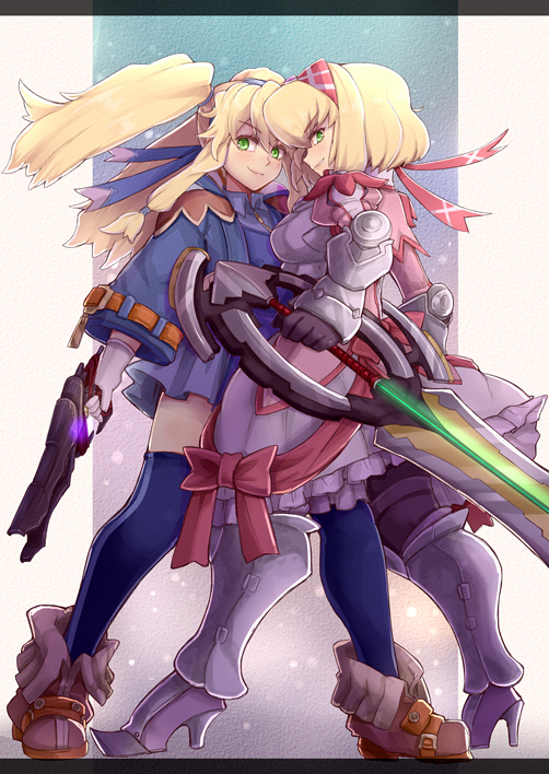 2girls alexia_lynn_elesius armor armored_dress blonde_hair blue_jacket blue_legwear blue_skirt boots bow brown_shoes clarissa_arwin frills full_body gauntlets gloves green_eyes gun hairband holding holding_gun holding_sword holding_weapon jacket knee_boots long_hair looking_at_viewer metal_boots multiple_girls pink_bow pink_hairband shoes short_hair sidelocks skirt smile standing sword thigh-highs twintails weapon white_gloves wild_arms wild_arms_xf yude