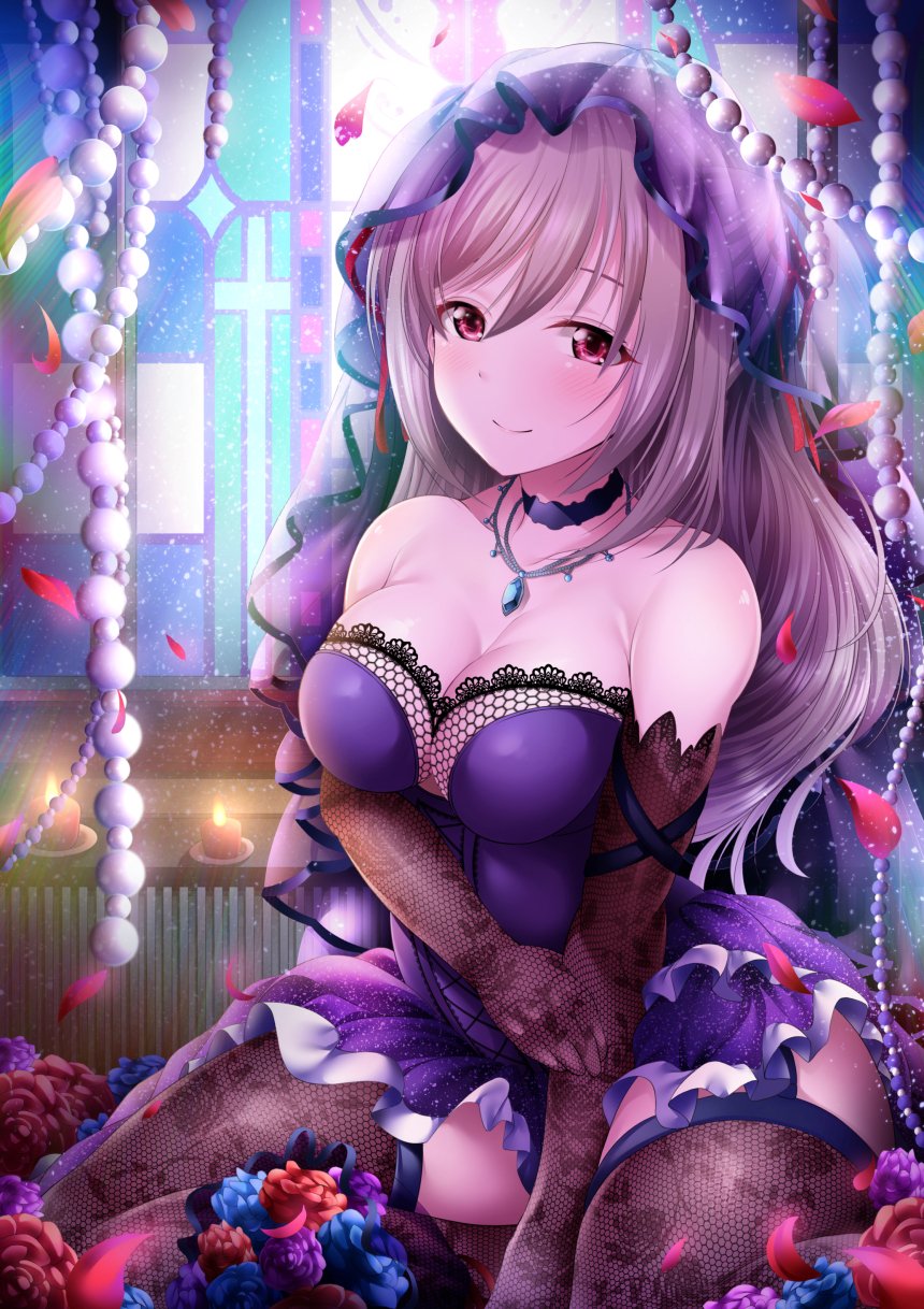 10s 1girl bangs bare_shoulders blush breasts candle choker collarbone commentary_request dress elbow_gloves floral_print flower garana garter_straps gloves hand_on_own_arm highres idolmaster idolmaster_cinderella_girls indoors jewelry kanzaki_ranko lace lace-trimmed_dress long_hair looking_at_viewer medium_breasts necklace pendant petals purple_dress red_eyes rose_print seiza silver_hair sitting smile solo stained_glass stenciled_rose swept_bangs thigh-highs thighs veil window