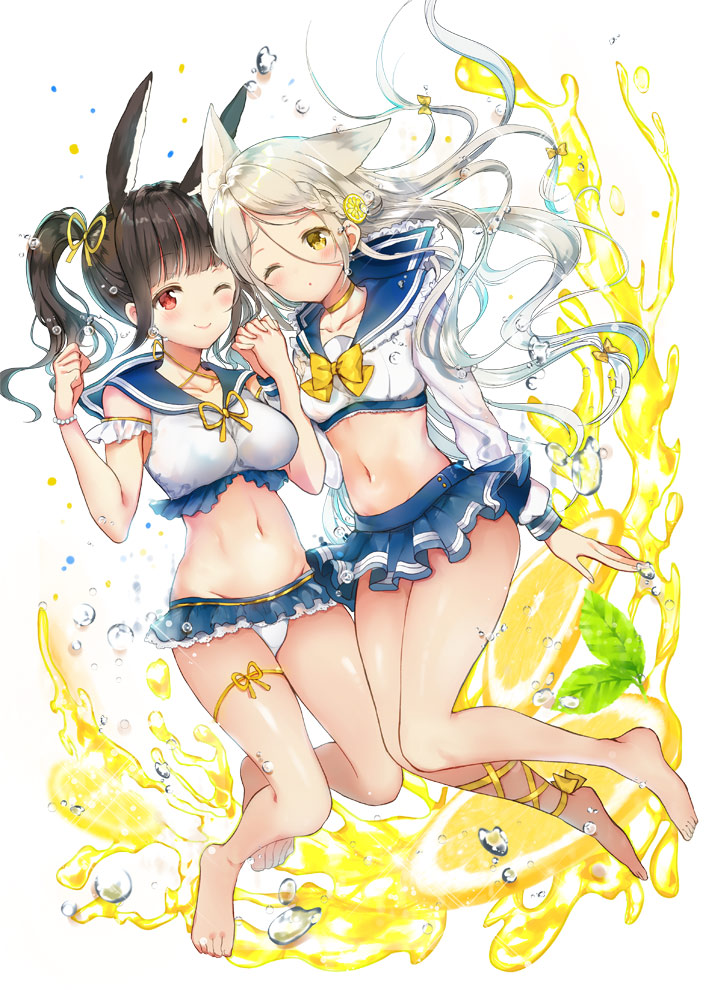 2girls :o ;) animal_ears ankle_lace-up ankle_ribbon arm_at_side arm_garter bangs bare_shoulders barefoot blue_sailor_collar blue_skirt blunt_bangs blush bow bracelet braid breasts cat_ears choker clenched_hand collarbone commentary_request cropped_shirt cross-laced_footwear eyebrows_visible_through_hair floating_hair food_themed_hair_ornament frilled_skirt frills full_body groin hair_bow hair_ornament hair_ribbon hand_holding hand_up hands_together hands_up interlocked_fingers jewelry leg_ribbon lemon_hair_ornament long_hair long_sleeves looking_at_viewer low-tied_long_hair medium_breasts microskirt midriff miniskirt mizukikushou multiple_girls navel neckerchief one_eye_closed open_mouth original panties pantyshot pantyshot_(standing) parted_bangs pearl_bracelet pleated_skirt red_eyes ribbon sailor_collar sailor_shirt school_uniform serafuku shirt side-by-side side_braid silver_hair skirt sleeveless small_breasts smile standing stomach twintails underwear upskirt very_long_hair water_drop white_panties white_shirt yellow_bow yellow_choker yellow_ribbon