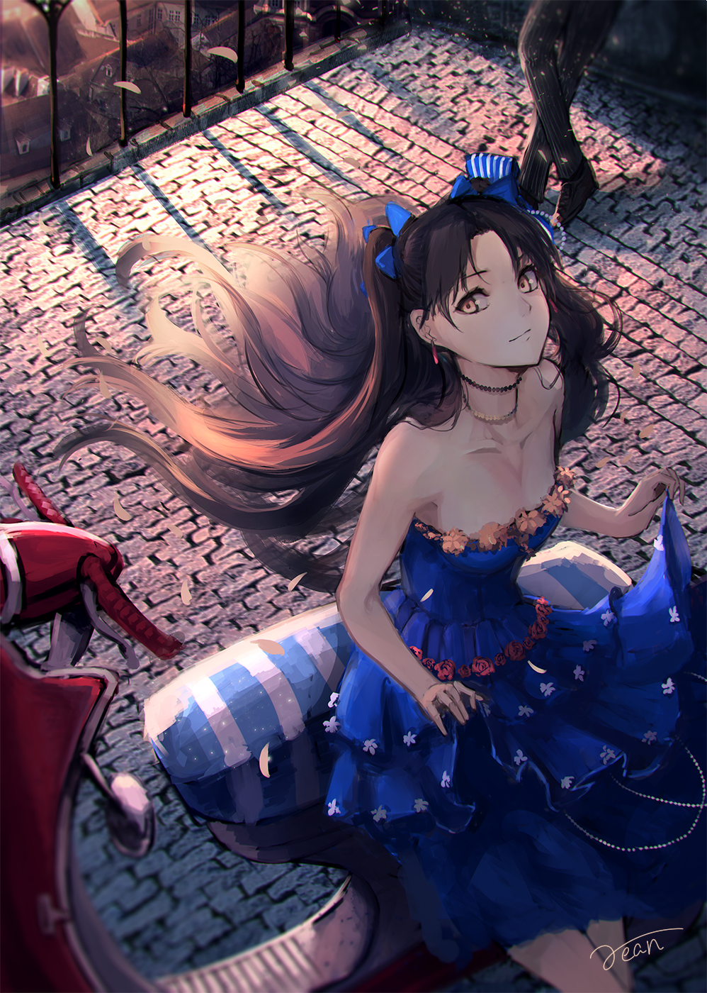 1girl artist_name bangs bare_shoulders blue_bow blue_dress bow breasts brown_eyes closed_mouth collarbone dress evening fate/grand_order fate_(series) floating_hair ground_vehicle hair_bow highres holding holding_dress ishtar_(fate/grand_order) legs_crossed long_hair looking_at_viewer motor_vehicle out_of_frame outdoors parted_bangs rean_(r_ean) scooter signature sitting small_breasts smile solo_focus standing tohsaka_rin town two_side_up wind