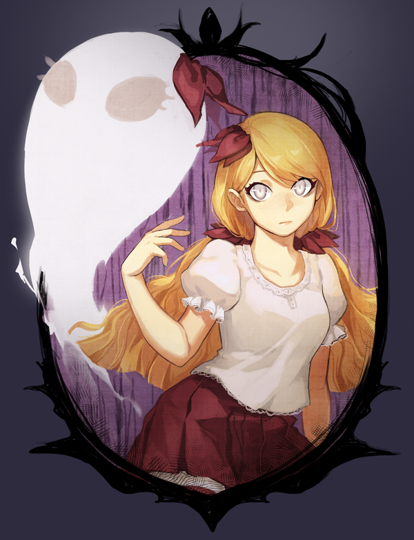 1girl 8c bangs blonde_hair bow contrapposto don't_starve ghost hair_bow long_hair looking_at_viewer low_twintails pleated_skirt puffy_short_sleeves puffy_sleeves shirt short_sleeves skirt solo swept_bangs twintails wendy_(don't_starve) white_eyes white_shirt