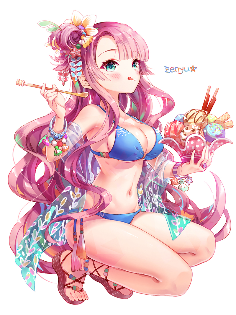 1girl artist_name bangs bikini blue_bikini blunt_bangs breasts cleavage food green_eyes ice_cream long_hair medium_breasts navel open_toe_shoes original pink_hair shoes sidelocks simple_background solo spoon squatting swimsuit white_background zenyu