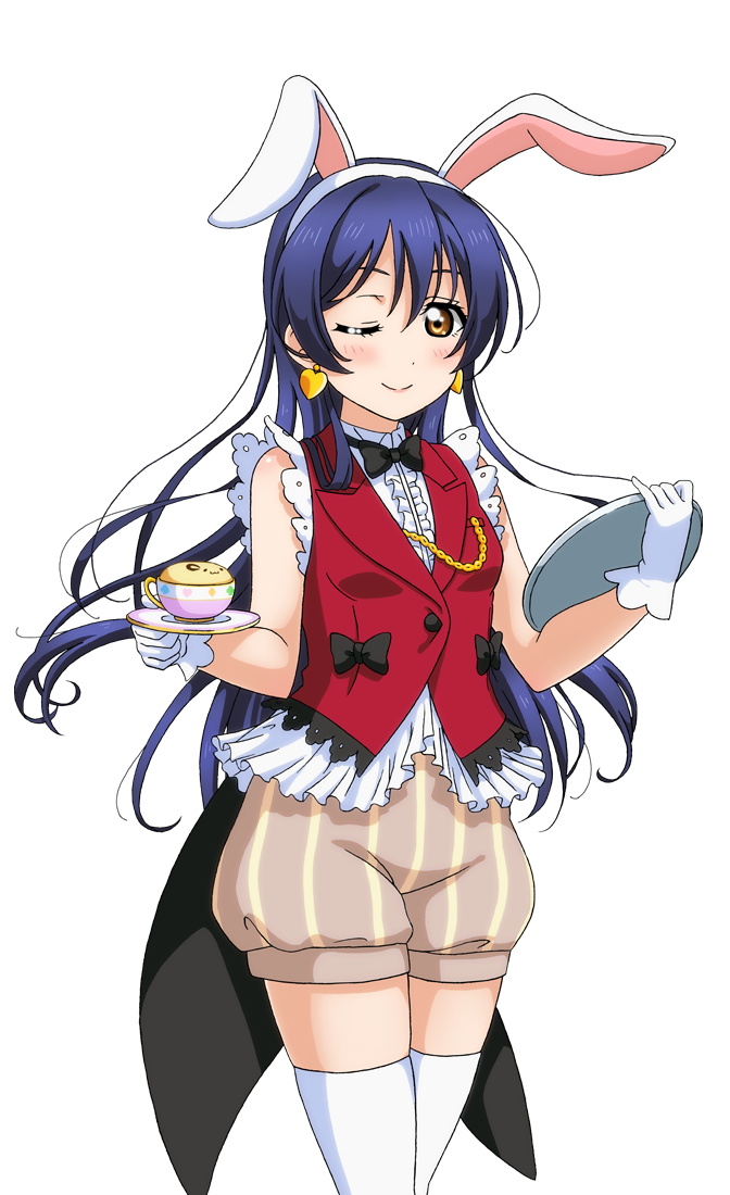 1girl animal_ears artist_request bangs bare_shoulders blush bow bowtie breasts cup earrings frills gloves holding jewelry korekara_no_someday long_hair looking_at_viewer love_live! love_live!_school_idol_festival love_live!_school_idol_festival_after_school_activity love_live!_school_idol_project official_art one_eye_closed puffy_shorts rabbit_ears shorts smile solo sonoda_umi striped teacup thigh-highs transparent_background vest white_gloves
