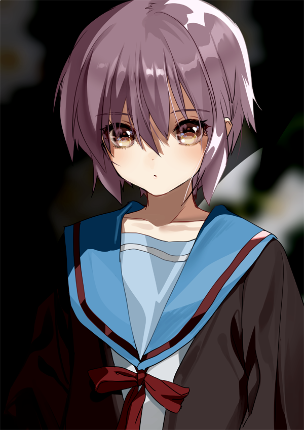 1girl bangs blurry blurry_background blush brown_jacket closed_mouth collarbone dot_nose eyebrows_visible_through_hair hair_between_eyes light_brown_eyes looking_at_viewer nagato_yuki ogino_atsuki purple_hair ribbon school_uniform shirt short_hair solo suzumiya_haruhi_no_yuuutsu upper_body white_shirt