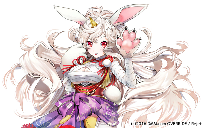 1girl :p animal_ears bandage bandaged_arm blush breasts bunny_tail commentary_request curly_hair dot_nose eyebrows_visible_through_hair horn icchi_banketsu japanese_clothes large_breasts looking_at_viewer official_art ogino_atsuki paws rabbit_ears red_eyes simple_background smile solo tail tongue tongue_out upper_body watermark white_background white_hair