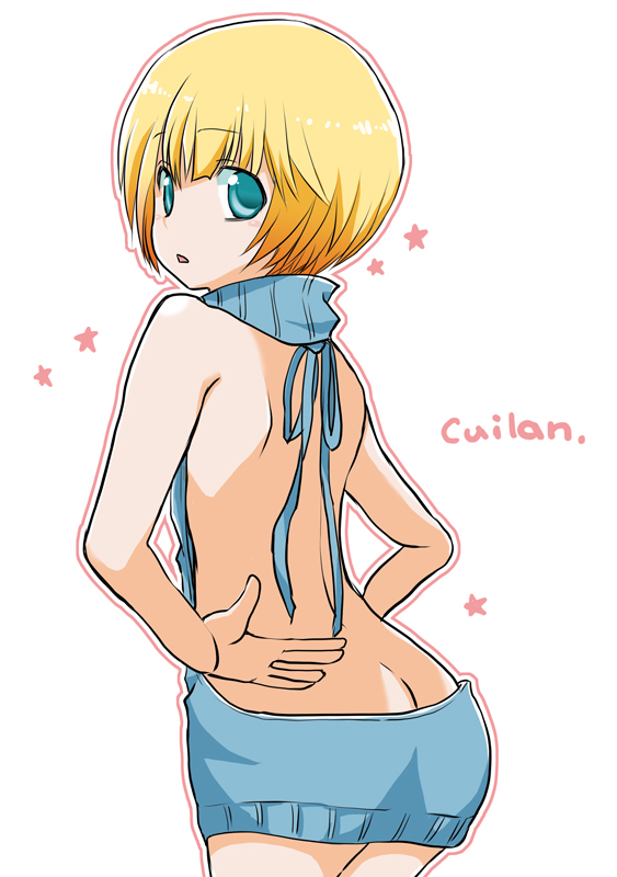 1boy ass back backless_outfit bare_back blonde_hair blue_eyes blue_sweater butt_crack character_name cuilan dress halterneck looking_back male_focus meme_attire naked_sweater open-back_dress open_mouth senkou_no_ronde sleeveless sleeveless_turtleneck solo sweater sweater_dress trap turtleneck turtleneck_sweater virgin_killer_sweater