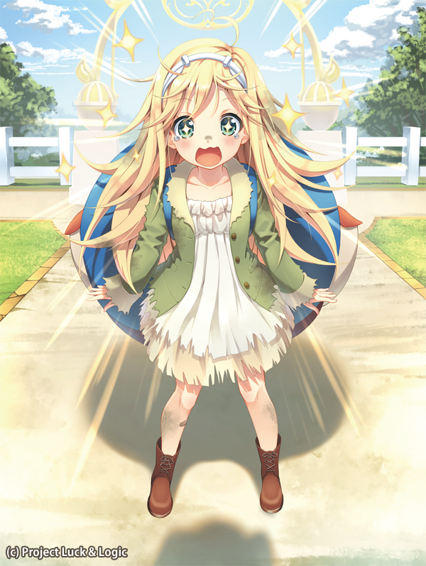+_+ 1girl bandaid blonde_hair blush green_eyes hairband hina_logi_-_from_luck_&amp;_logic liones_yelistratova long_hair looking_at_viewer luck_&amp;_logic motion_lines official_art open_mouth solo standing tears watermark yoshino_ryou