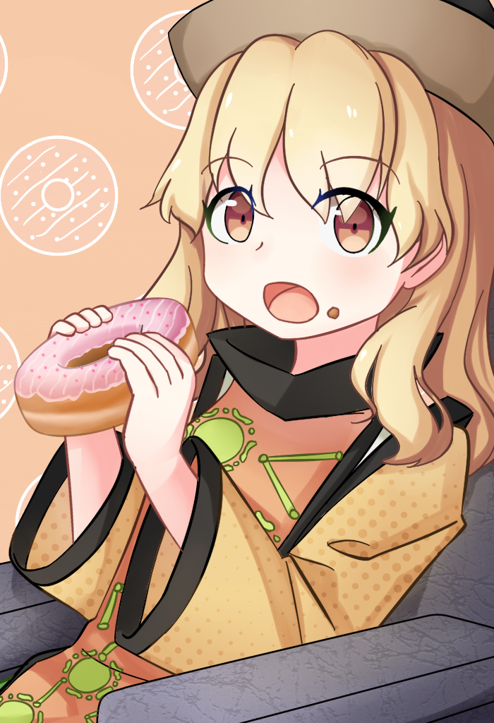 1girl armchair blonde_hair brown_eyes brown_hat chair doughnut eating food food_on_face hat holding long_sleeves looking_at_viewer matara_okina open_mouth orange_background sitting solo tabard touhou wide_sleeves yu_cha